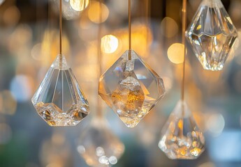 Close-up of Crystal Chandelier with Golden Lighting
