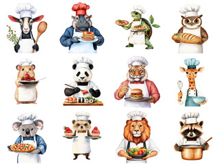 A playful collage of cartoon animals dressed as chefs. Animal chefs for decoration, watercolor, collection, clipart.