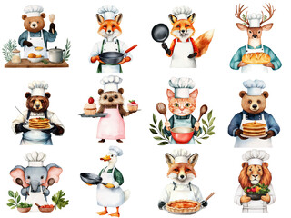 A playful collage of animals dressed as chefs, animal chefs for decoration, collection, watercolor, clipart.
