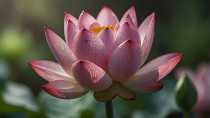 A single pink lotus flower with water droplets, blooming in the sunlight.
