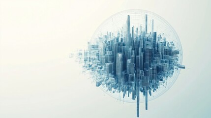 An abstract city skyline inside a glass sphere, representing global connectivity, modern architecture, and urban development.