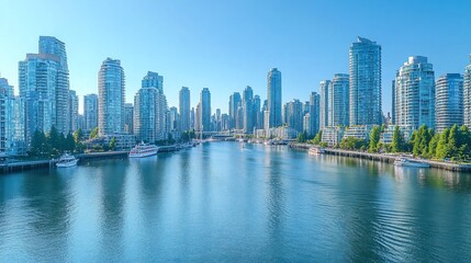 Naklejka premium A panoramic view of a city skyline with skyscrapers and boats in the water.