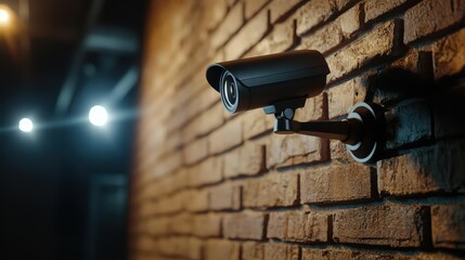 Surveillance camera mounted on a brick wall in a well-lit environment.
