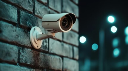 Surveillance camera mounted on a wall, capturing urban night scene.
