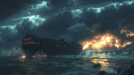 Fototapeta premium A large, wooden ship is engulfed in flames as a storm rages around it. Smaller ships are also burning in the distance. The sky is dark and ominous, with lightning flashing.