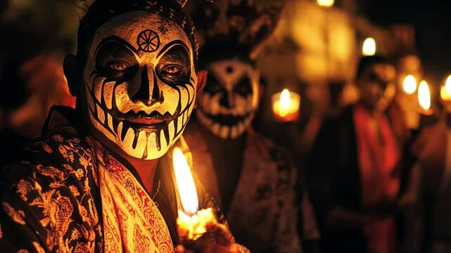 Group of painted-faced tribesmen holding candles The scene was eerie and terrifying in the ritual.