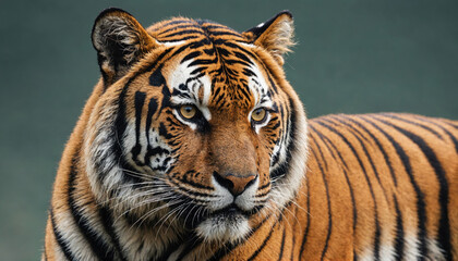 Obraz premium A close-up of a tiger's face, showing its distinctive stripes and piercing gaze