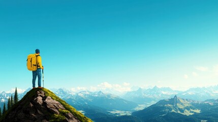 A lone hiker stands on a mountain peak, surrounded by breathtaking landscapes, offering a sense of adventure and exploration.
