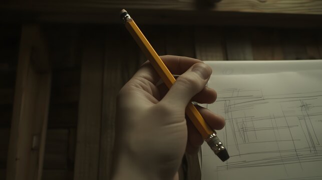 Technical Drafting: A hand grips a mechanical pencil, poised to add lines to the paper. The composition suggests ongoing work, with room for more sketches. 