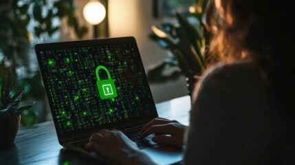 A woman working on a laptop with a green padlock icon on the screen, representing online security.
