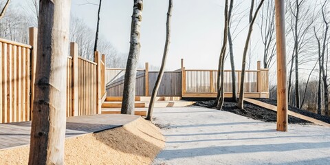 Minimalist outdoor pathway with a modern wooden fence in early winter