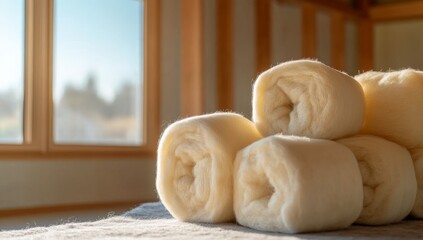 Interior of an Eco-Friendly House with Stacked Rolls and Bales of Warm White Glass Wool Insulation