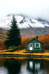 Fototapeta premium modern gabled house and landscape of the far north. AI generative.