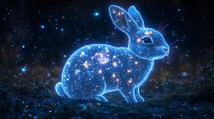 A glowing blue rabbit with starry fur sits in a field of grass under a night sky.