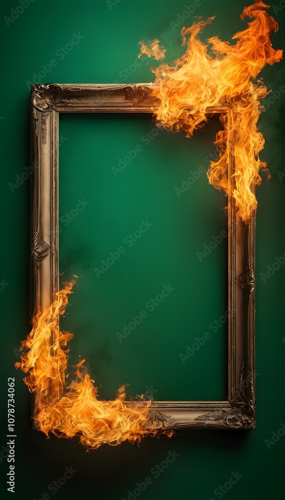 Poster a versatile empty green poster frame set against a vibrant fire background, ideal for creative displ