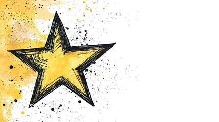 Bright yellow star with textured outline, surrounded by splashes of color, creating vibrant and artistic design. Perfect for creative projects and celebrations