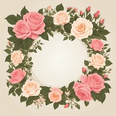 Circular Floral Frame of Pink and Peach Roses with Green Leaves
