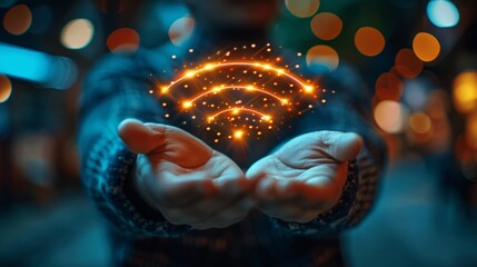 Person holding a glowing wifi symbol in their hands.