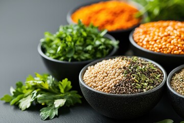 Discover flavorful fusion create an exotic salad with fresh herbs and nutritious seeds from diverse cuisines
