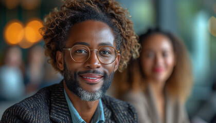 Fototapeta premium Two Multi Ethnic Business People hold a meeting in a cafe, restaurant. Close up of smiling black american man in glasses and woman on background