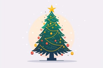 Cheerful Christmas Tree Illustration with Colorful Ornaments on White Background