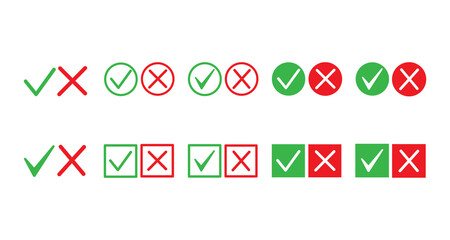 Green and red check marks. Cross and tick elements for check list. Yes or no checking indicators, right or wrong icon isolated on white background. Flat vector illustration. 