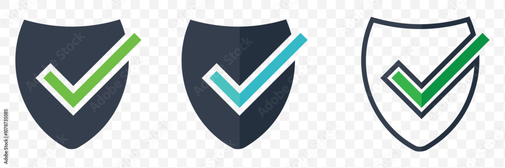 Poster shield check mark icon or security shield protection icon with tick symbol. set of security shield i