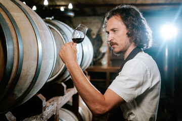 Winemaker Inspecting Red Wine in Cellar