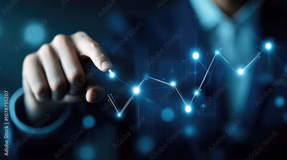 Poster businessman pointing to growth chart with data visualization
