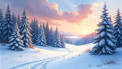 Winter snowy forest in the mountains at sunset or sunrise, tracks from a car or sled or skis in the snow, firs or trees in the snow, pink or purple clouds in the sky. Winter landscape