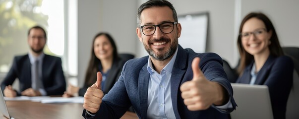 Smiling businessman giving thumbs up in a corporate meeting setting.