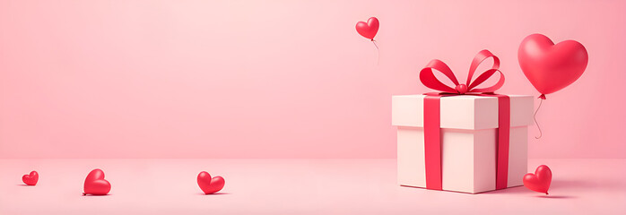 Valentine's day gift. Banner design with present box and hearts. Place for the text. Romantic background, selective focus,  blurred background