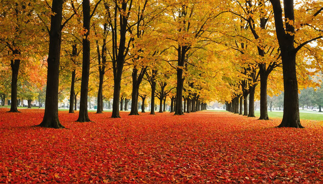 A row of trees with golden leaves stand tall in a park, the ground covered in a carpet of red leaves - Powered by Adobe