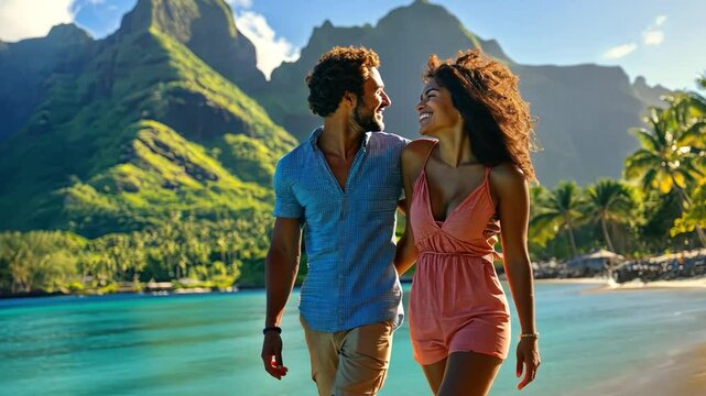 Couple walking on the beach Smile and have fun with friends. The beach is surrounded by mountains, creating a picturesque and peaceful atmosphere.