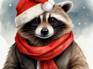 Watercolor Christmas illustration of a cute raccoon wearing red Santa Claus hat and scarf, standing isolated against a light snowy background. Vintage painting Xmas New Year winter post card artwork.