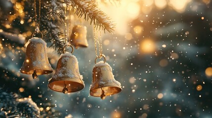 Festive Golden Christmas Bells with Sparkling Snow