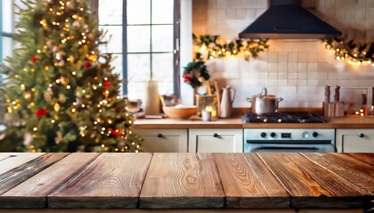 Festive kitchen during Christmas with a glowing tree, rustic wooden counter, and cozy holiday decorations