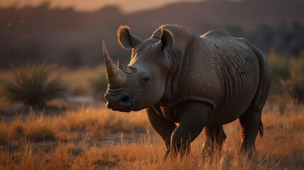 Obraz premium A white rhinoceros walks through tall grass in the African savanna, bathed in the golden light of sunset.