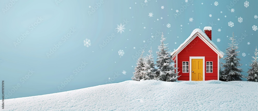 Poster an up-close view of a toy house and a drawn manually vector artwork of christmas featuring snow on a