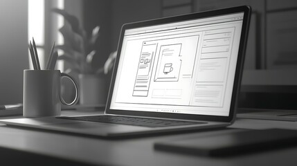 Laptop showing a product mockup on a desk, with coffee mug and wireframe sketches