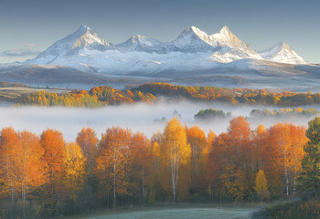 sunlight casting over foggy mountains and an autumn forest. AI generative.