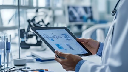 Fototapeta premium Person holding a tablet showing a product prototype, with office supplies and sketches in view