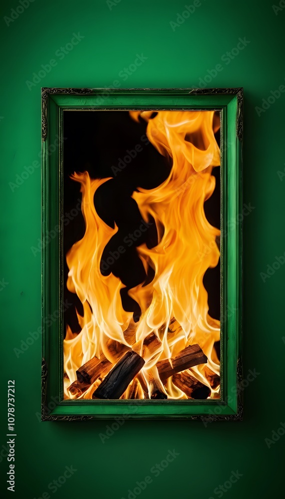 Poster a stunning empty green poster frame set against a fiery background perfect for creative display and 