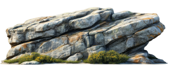 Natural rock formation with unique textures and plants around it, illuminated by soft sunlight, set against a clear sky