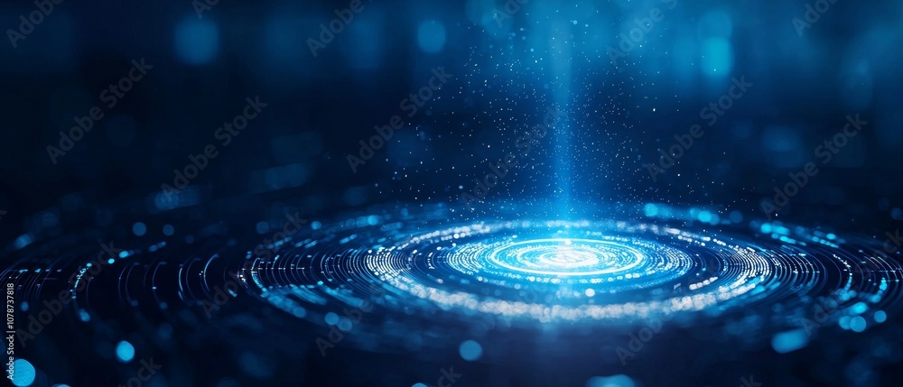 Poster A mesmerizing blue light source radiates upward, surrounded by concentric circles and sparkling particles, creating a sense of depth and motion.