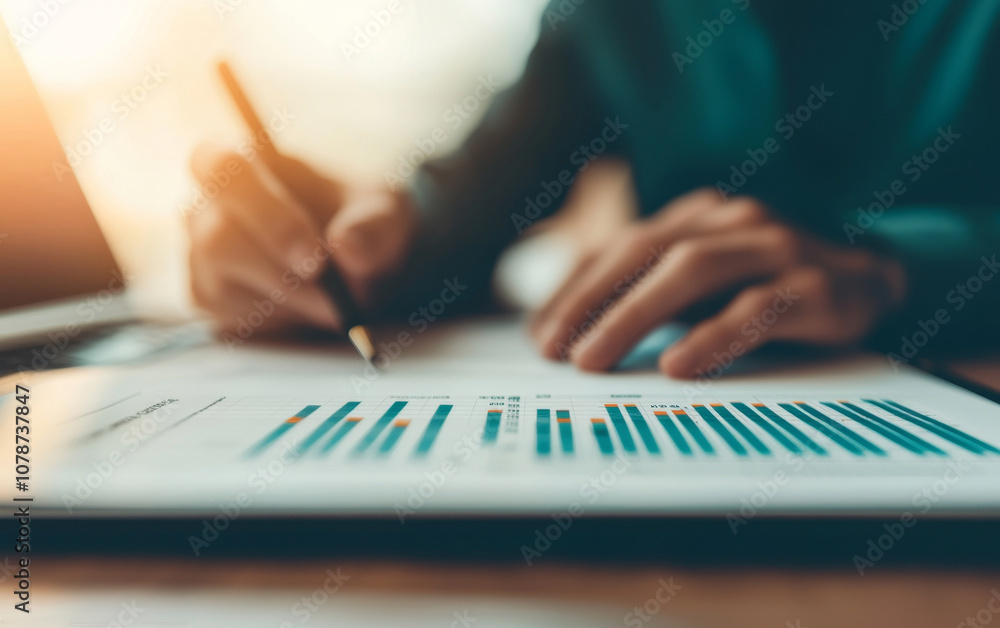 Poster a person is analyzing data, writing notes, and reviewing graphs on a report, highlighting productivi