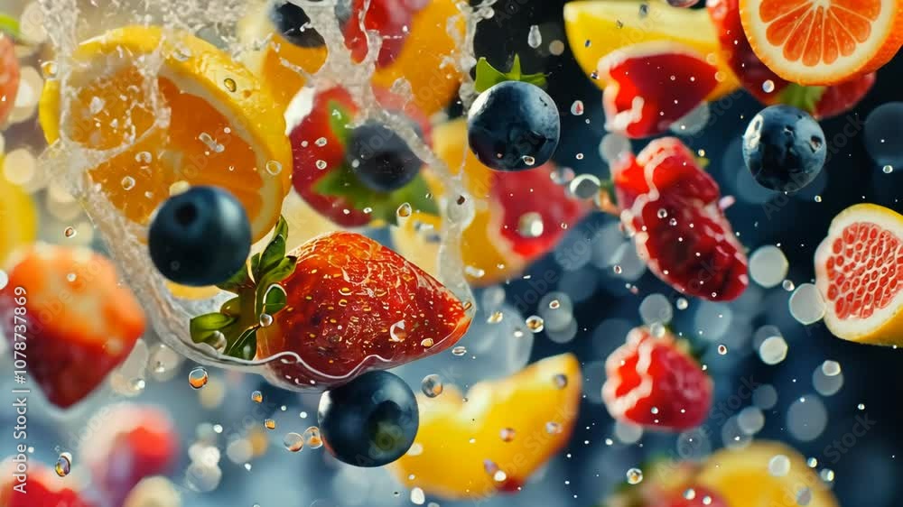 Poster mixed crushed fruits and berries with water and juice drops fly towards the camera in slow motion ag