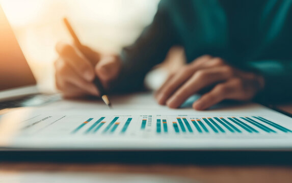 A person is analyzing data, writing notes, and reviewing graphs on a report, highlighting productivity and focus in a professional setting.