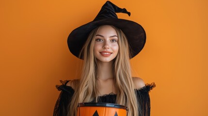 Cheerful witch holding a Halloween pumpkin bucket against a vibrant orange background, radiating festive spirit and fun.
