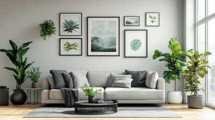 A minimalist living room with a grey sofa, a coffee table, and several house plants in front of a wall with framed artwork.